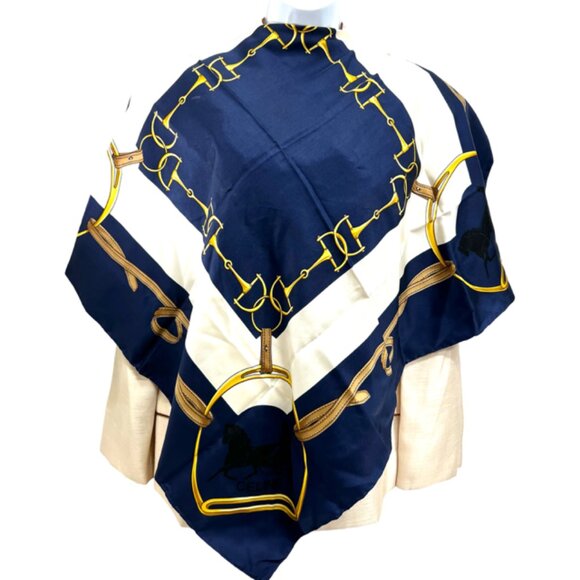 CELINE  PARIS Silk Satin Scarf Lg 33"    White navy blue gold  logo designed (59 - Picture 1 of 9